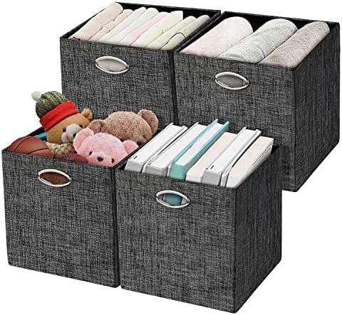Posprica Storage Cubes,12×12 Storage Bins,Foldable Storage Baskets Fabric Drawers Containers for Shelf Cabinet Bookcase,Thick and Heavy Duty (4pcs, black)