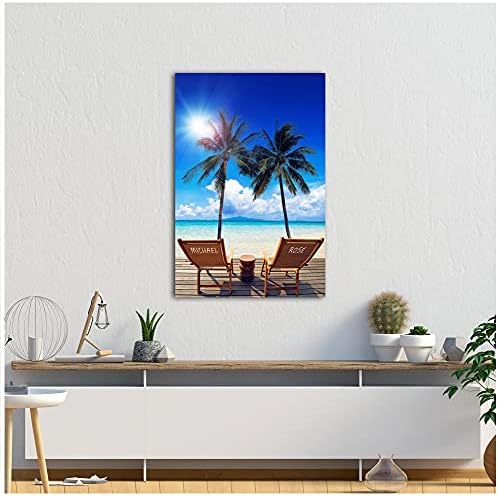 Vacation Canvas Prints Artwork with Couple's Names on Deck Chairs,Perfect Love Gift for Anniversary,Wedding.36X24 inches