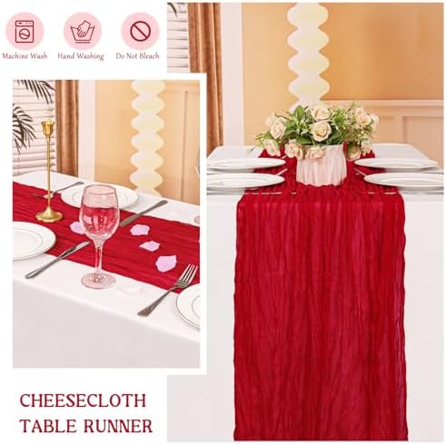 4 Pack 120 Inch Red Cheesecloth Table Runner Boho Rustic Gauze Sheer Romantic 10 FT Long Cheese Cloth Table Runner for Bridal Baby Shower Wedding Party Birthday Holiday Home Easter Decor