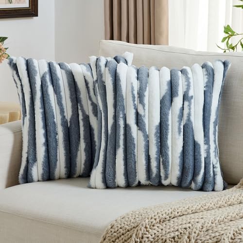 FUTEI Pack of 2 Faux Fur Throw Pillow Covers 22x22 Inch, Blue White