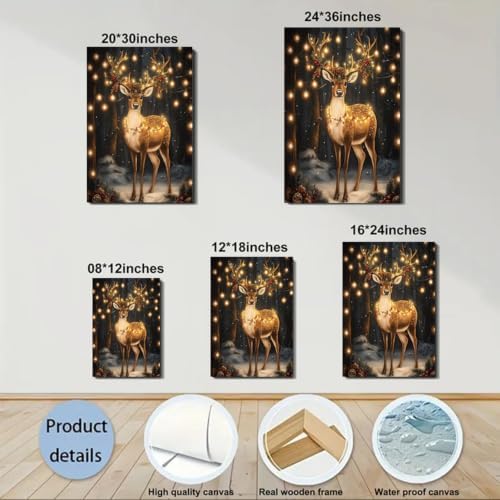 FLZYKGPA Christmas Reindeer Wall Art Framed 12x18, Cottage Winter Forest Wildlife Deer Picture Wall Decor, Rustic Xmas Cozy Winter Hanging Canvas Prints for Home Bedroom Living Room Decoration