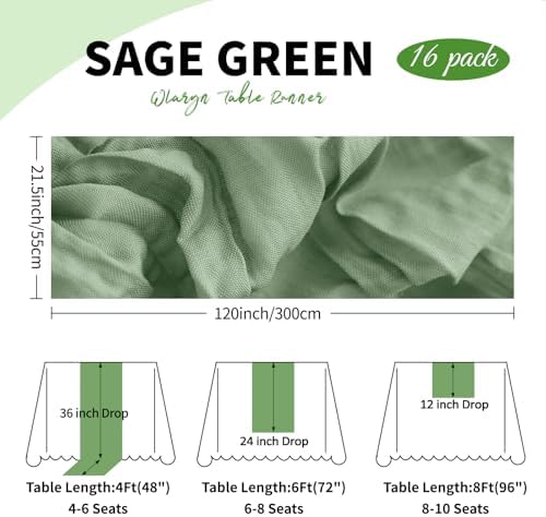 16 Pack Sage Green Cheesecloth Table Runner 21.5 x 120 Inches Boho Gauze Table Runners 10FT Long Cheese Cloth Table Runner for Bridal Shower Baby Shower Birthday Party Wedding Decor