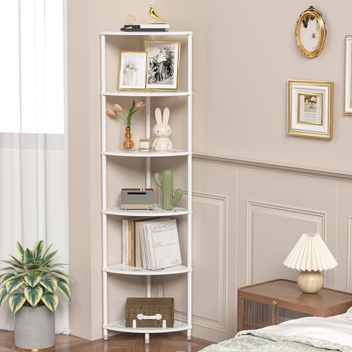 6 Tier Corner Shelf Stand, 54.4", Marble White