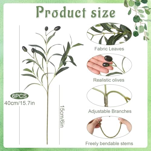 6Pcs 15.7" Artificial Olive Branches, Realistic Faux Plants Olive Leaves Stems for Vase Decor, Wedding Centerpieces, Farmhouse Home Party Decor