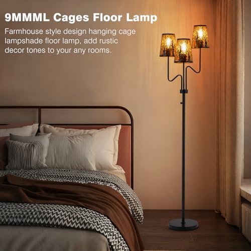 9MMML 3-Light Black Dimmable Floor Lamp for Living Room Bedroom 68'' Tall Standing Lamp with Metal Hollow Shades, 3 x E26 LED Bulb Included