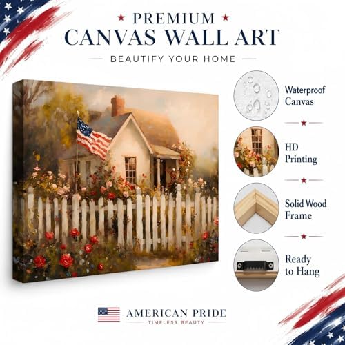 RIBNTAK Made in USA Patriotic American Flag Farmhouse Canvas Wall Art, 4th of July Cottage Garden with Roses Painting Print, Independence Day Decor for Living Room, Bedroom & Kitchen