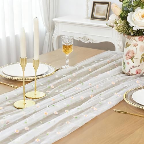 FEXIA Table Runner 10FT Gauze Elegant Tea Party Decor Pastel Embroiderey