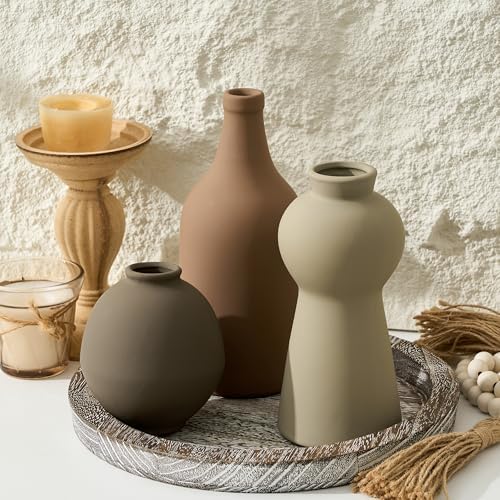 Ceramic Vase Set of 3, Nordic Minimalist Multicolor Vases Home Decor, Rustic Farmhouse Decor Pottery Vases for Bouquet Pampas Grass Dried Fresh Flowers, Living Room, Entryway Mantel, Kitchen, Bedroom