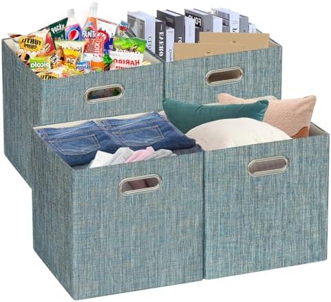 Posprica Storage Basket Bins,13×13×13 Foldable Storage Boxes Fabric Drawer Cubes for Closet Shelf Cabinet Bookcase - Set of 4,Teal