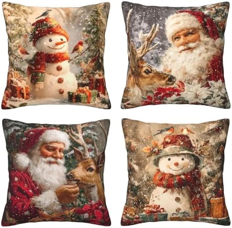 Santa Claus Throw Pillow Covers Set of 4 Decorative Soft Double Sided Print Pillow Case Farmhouse Home Decor for Living Room Sofa Couch 18x18