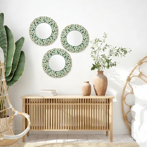 DXYAKY 3 Pack Floral Ornate Decorative Wall Mirror - Elegant Mint Green with Gold Accents, 9.8" Plastic Round Mirror Set, Lightweight Wall Art Décor for Bedroom, Bathroom, Living Room & Entryway