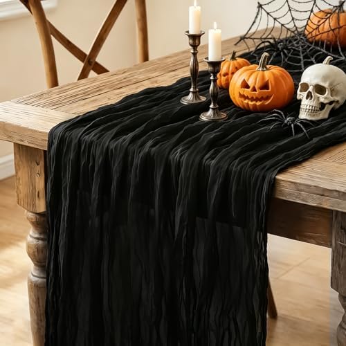 6Pcs Black Table Runner, 10FT Black Cheesecloth Halloween Table Runner 35*120inch Boho Runner for Halloween Indoor Table Kitchen Party Decorations