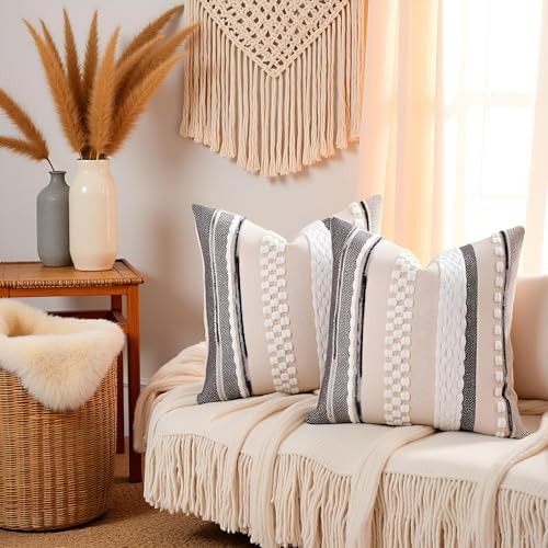 Boho Throw Pillow Covers 18x18 inch Set of 2 White