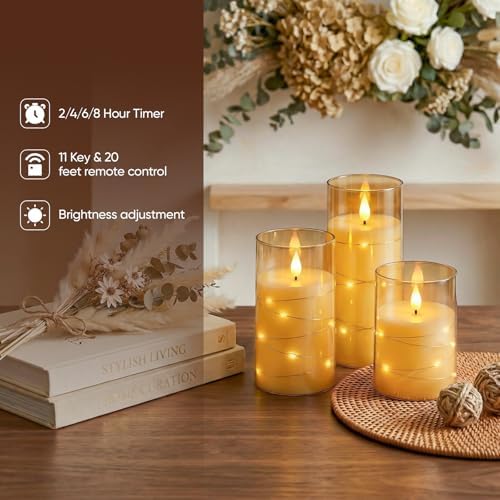 Amagic Flameless Candles, Flickering Battery Operated Candles Embedded Fairy String Light, Realistic Pillar Candle with Remote Control and Timer, Acrylic Amber Gold, Set of 6, D3 x H4 5" 6"