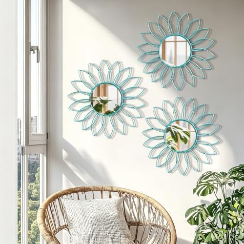 3 Pack Metal Mirrors for Wall Sunburst Wall Mirrors Home Décor Decorative Hanging Wall Art for Living Room Bedroom Entryway (Greenish Blue, Flowers)