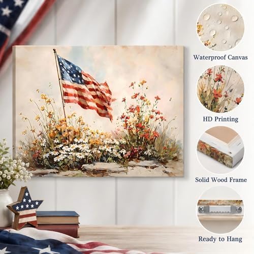 4th of July American Flag Wildflower Canvas Wall Art 8x12in, Framed Patriotic Prints Pictures for Bedroom, Vintage Farmhouse Wall Decor Artwork for Living Room Office Home, Made in USA