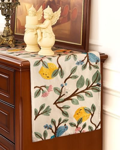 Canvas Embroidered Narrow 13"x 72" Table Runner, Lemon Bird