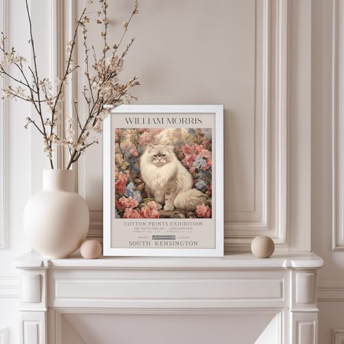 Poster Master Persian Cat Print - Flower Art - Botanical Design - Exhibition Display - Animal Illustration - Floral Cat Painting - Aesthetic Office or Bedroom Decor - 8x10 White Framed