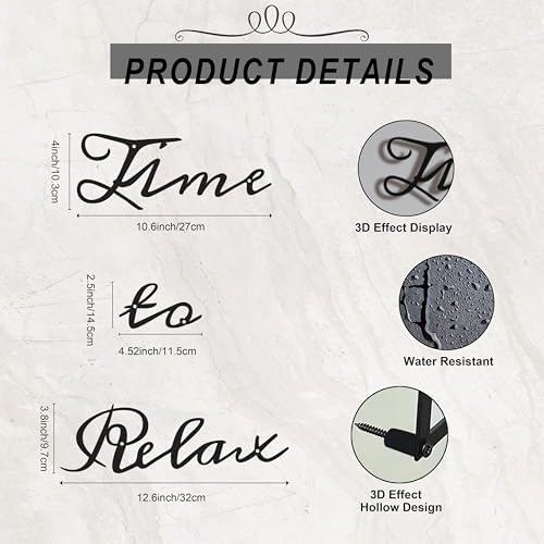 Metal Bathroom Wall Decor, 3D Time to Relax Sign for Spa, Black Letter Art | 3D black metal "Time to Relax" letter art, waterproof & rustproof, creates a soothing spa atmosphere in any bathroom