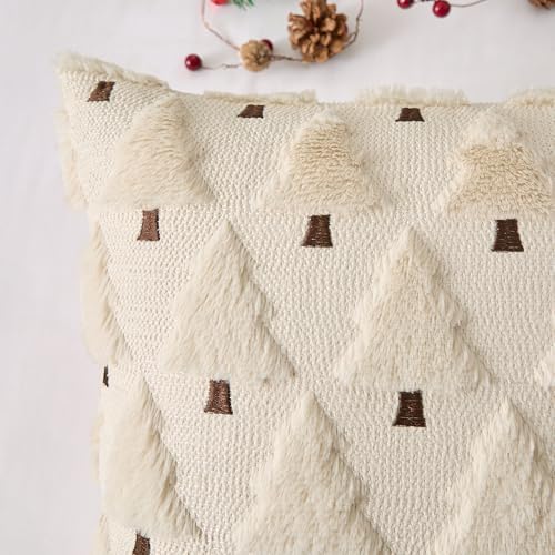UGASA Christmas Decorative Pillow Covers 16x16 Inch Soft Plush Faux Fur Jacquard Throw Pillows Pillowcases for Couch Sofa Holiday Festivals Winter Home Decor Set of 2 Beige