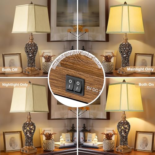32'' Tall Rustic Vintage Table Lamps Set of 2 with Night Lights, Large Size