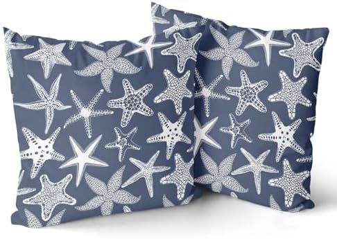Giwawa Nautical Starfish Throw Pillow Covers 16"x16" Navy Blue Coastal Beach Themed Decorative Cotton Pillow Cases Summer Ocean Cushion Covers Set of 2 for Sofa Couch Bedding Living Room