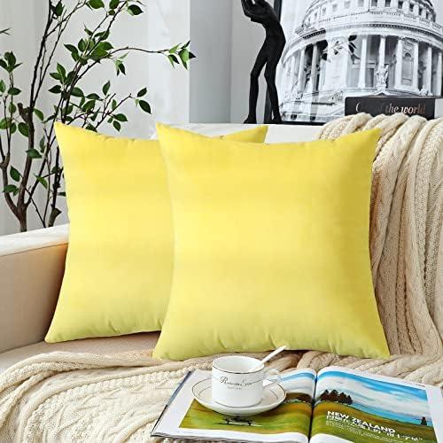 Jeneoo Fall Velvet Throw Pillow Covers 16x16 Inch 2 Pack, Super Soft Thick Decorative Square Cushion Cases for Sofa Couch Bedroom Car, Lemon Yellow
