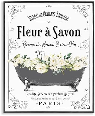Stupell Industries 'Fleur a Savon Vintage Parisian Bathroom Floral Tub', Framed Giclee Art, Black, 16 x 20 Inches, Easy to Hang and Sturdy, Made in USA, by Lettered and Lined