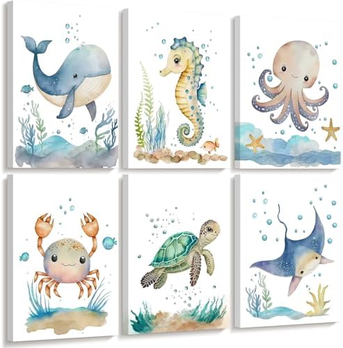 Nursery Sea Animal Wall Decor Set of 6 Ocean Watercolor Canvas Wall Art Baby Boys Room Wall Art Ocean Sea Animal Pictures Kids Girl Art Prints Nursery Artwork for Bedroom 8x10 Inch Framed
