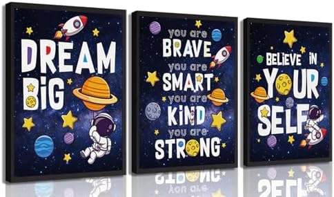 3Pcs Inspirational Space Astronaut Kids Poster Wall Art, Inspirational Quotes Painting Picture Wall Decor, Boys Positive Affirmative Poster Print Artwork for Playroom, Classroom, 16x24in Unframed