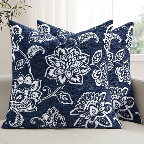 Set of 2 Chenille Floral Pillow Covers 18x18 Inch Navy Blue
