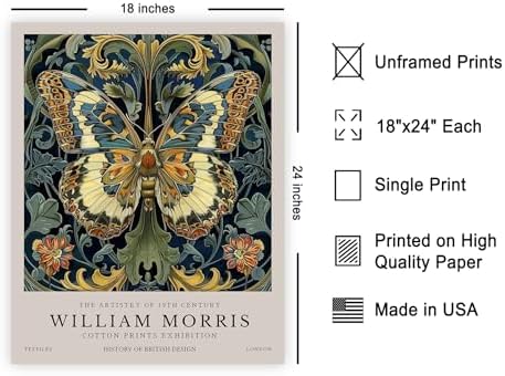 Monem Art William Morris - Butterfly and Flowers Print - Botanical Posterwork - Exhibition Art - Animal Poster - Aesthetic Bedroom or Office Decor - 18x24 UNFRAMED Wall Print