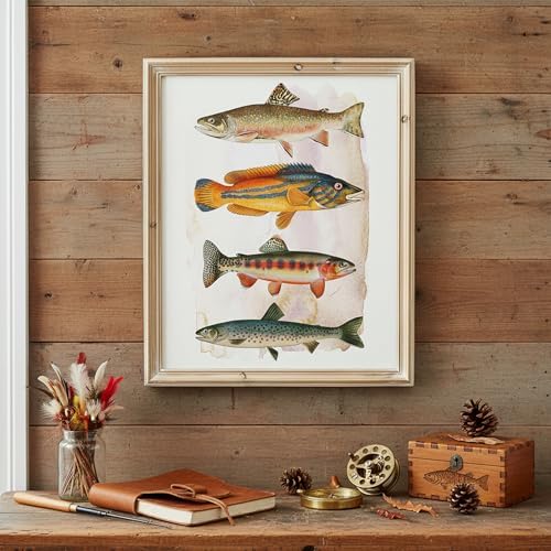 DREAM BIG PRINTABLES Four Fish Art Print - 8x10 (Unframed) | Vintage Fishing Wall Decor for Fisherman