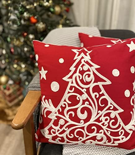 Red Holiday Decor Pillow Covers 18x18 Outdoor Throw Pillowcases Tree Embroidered Cushion for Farmhouse Sofa Office Bed Room Car 2PCS