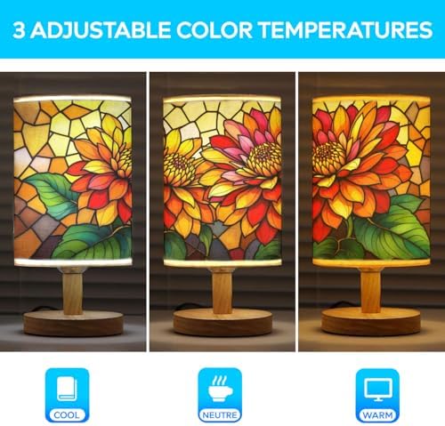 Zinnia Table Lamp LED 3-Color Pressed Bedside, Zinnia Shade Lamp with Wood Base for Bedroom Living Room Desk Office TL01