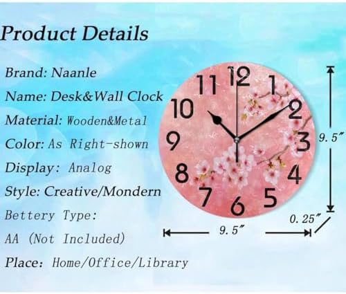 Naanle Stylish Spring Beautiful Pink Cherry Blossom Print Round Wall Clock, 9.5 Inch Battery Operated Quartz Analog Quiet Desk Clock for Home,Office,School