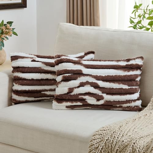 FUTEI Pack of 2 Faux Fur Throw Pillow Covers 12x20 Inch, Coffee White