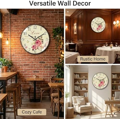 Decorative Wall Clock Battery Operated, 12-Inch Retro Vintage Floral Butterfly Pattern, Glass Dial, Silent Non-Ticking, Roman Numerals, for Living Room Bedroom Office