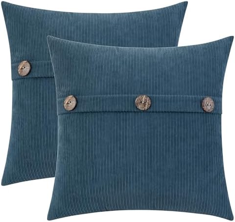 HWY 50 Blue Chenille Throw Pillow Covers 20x20 Inch Buttons Pack of 2