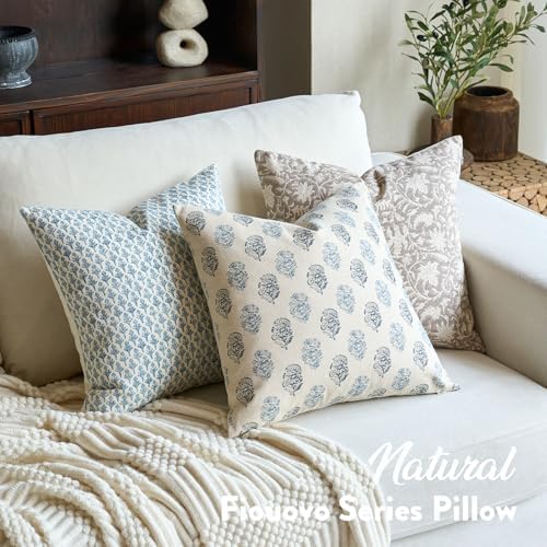 FIOUOVO Floral Vintage Throw Pillow Covers 20x20 Pillow Cover Block Print Decorative Cushion Covers Farmhouse Neutral Accent Home Décor for Sofa Couch Living Room Bedroom, 1PC, Aqua Blue