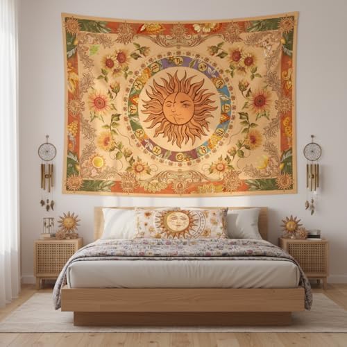 Accnicc Yellow Sun and Moon Tapestry Vintage Indie Boho Tapestry Wall Hanging with Sunflowers Butterfly Moth Constellation Aesthetic Wall Tapestries for Bedroom Dorm Living Room (Orange, 70.8'' ×