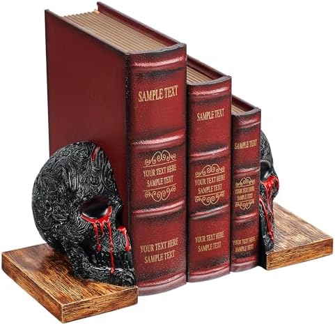 Skull Book Ends Gothic, Lifesize Human, Heavy-Duty Bookends, Skeleton Decorations, Bookends for Shelves, Heavy Books, Black Skull Design Bookend 7x5.1x6.3, Spooky Decor, Holiday - Bloody Black & Red