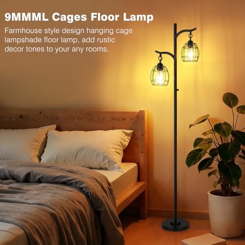 9MMML Floor Lamp for Living Room, Farmhouse Industrial Dimmable Floor Lamps with 2 Hanging Teardrop Cage, Vintage 67'' Tall Black Tree Standing Lamp for Bedroom Office, 2 x 800LM LED Bulbs Included
