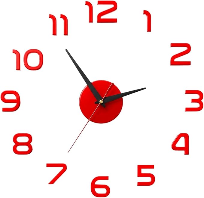 3D DIY Luminous Acrylic Wall Clock Set, Minimalist wall Clocks Simple, Drill-Free Minimalist Glow in Dark Digital Clock for Bedroom Living Room Office (Red, (50cm-19.6in))