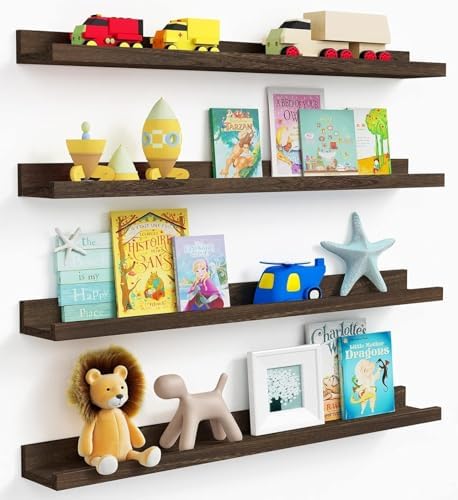 Forbena 36 Inch Long Picture Ledge Shelf, Wooden Floating Shelves for Wall with Lip, Dark Brown Wall Mounted Bookshelf Bookshelves for Living Room Bedroom Office Books Photos (Real Wood, Set of 4)