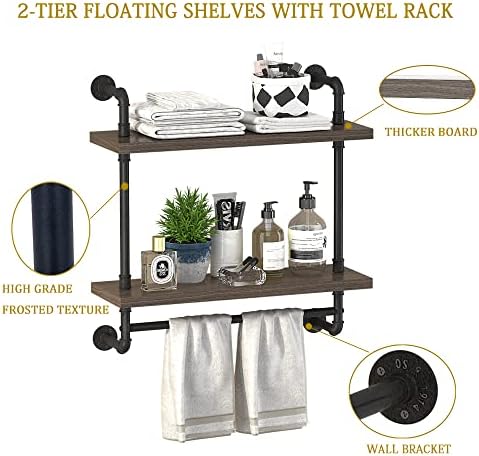 Helsin 2 Tier Wood Floating Shelves Towel Rack, Industrial Pipe Bathroom Shelves Wall Mounted with Towel bar, Wall Display Storage Shelf for Home & Bathroom Decor (Gray, 24inch)