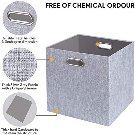Posprica 11 Inch Cube Storage Bins for Organization, Fabric Storage Cubes Closet Storage Bins for Cube Organizer, Thick and Heavy Duty Storage Baskets for Shelves, 4pcs, Sliver Grey