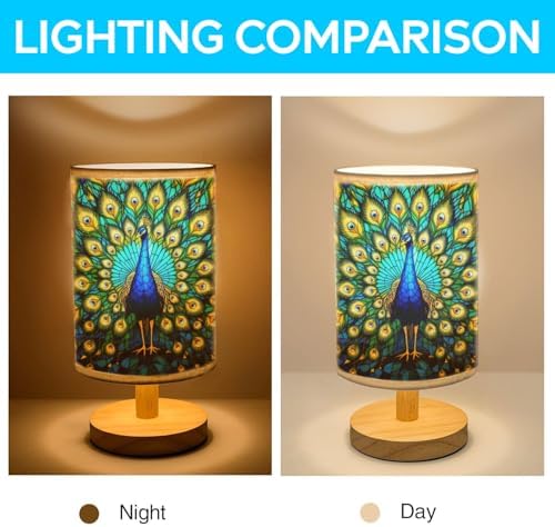 Peacock Table Lamp LED 3-Color Pressed Bedside, Peacock Shade Lamp with Wood Base for Bedroom Living Room Desk Office TL01