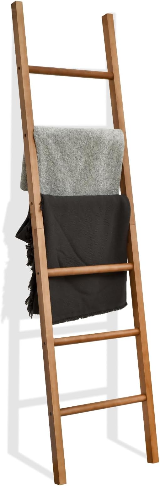 FUIN Blanket Ladder, 6ft Rustic Solid Wood Rectangle Decor Rack, Natural | 6 rungs, farmhouse quilt display holder, organize towel and clothing, leaning wall, decorative living room and bathroom