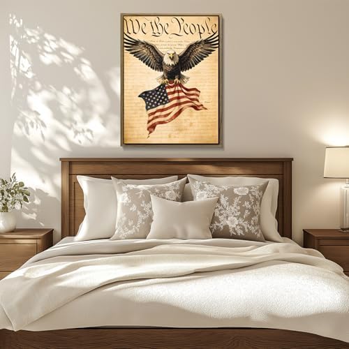 American Flag Framed Canvas Wall Art, 4th of July Patriotic Canvas Prints | USA Flag with Bald Eagle Poster Print, Vintage Independence Day Wall Decor for Bedroom Living Room 12×16in
